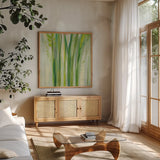 Longstem Bouquet II Square III by Silvia Vassileva. Shown in a natural wood frame in a cozy modern living room. Available as an archival giclee rolled canvas, fine art paper, or poster print. SKU 36445a.