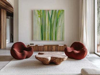 Longstem Bouquet II Square III by Silvia Vassileva. Shown as extra-large giant wall art in a modern living room. Available as an archival giclee rolled canvas, fine art paper, or poster print. SKU 36445a.