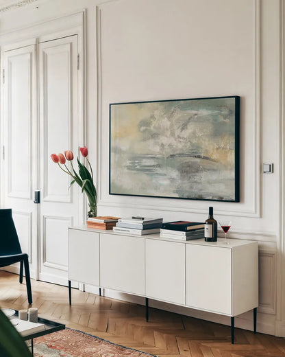 Looking at the Mist by Silvia Vassileva. shown as a framed stretched canvas in a living room above a console. Available as a archival giclee rolled canvas, fine art paper, or poster print. SKU 31701i.