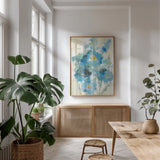 Loose Bouquet I by Silvia Vassileva. shown as a print in a natural wood frame in a dining room. Available as a archival giclee rolled canvas, fine art paper, or poster print. SKU 63285h.