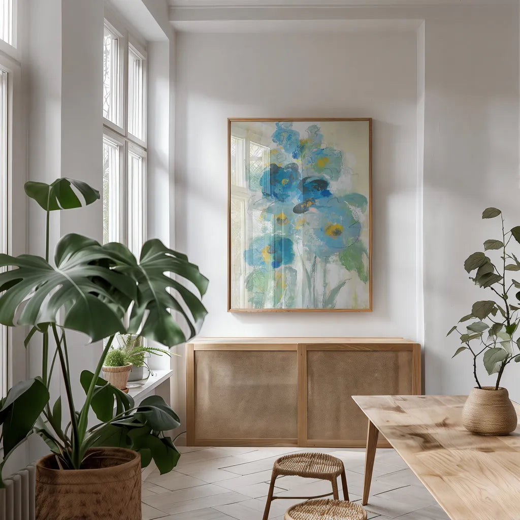 Loose Bouquet II by Silvia Vassileva. shown as a print in a natural wood frame in a dining room. Available as a archival giclee rolled canvas, fine art paper, or poster print. SKU 63286h.