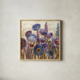 Lupines and Poppies by Silvia Vassileva. Shown in a natural wood glass frame for a timeless modern aesthetic. Available as an archival giclee rolled canvas, fine art paper, or poster print. SKU 12416a.