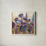 Lupines and Poppies by Silvia Vassileva. Shown in a crisp white glass frame for a clean and minimalist style. Available as an archival giclee rolled canvas, fine art paper, or poster print. SKU 12416a.