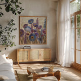 Lupines and Poppies by Silvia Vassileva. Shown in a natural wood frame in a cozy modern living room. Available as an archival giclee rolled canvas, fine art paper, or poster print. SKU 12416a.