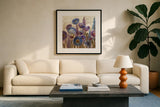 Lupines and Poppies by Silvia Vassileva. Displayed in a glass frame with matte in a clean modern living room. Available as an archival giclee rolled canvas, fine art paper, or poster print. SKU 12416a.