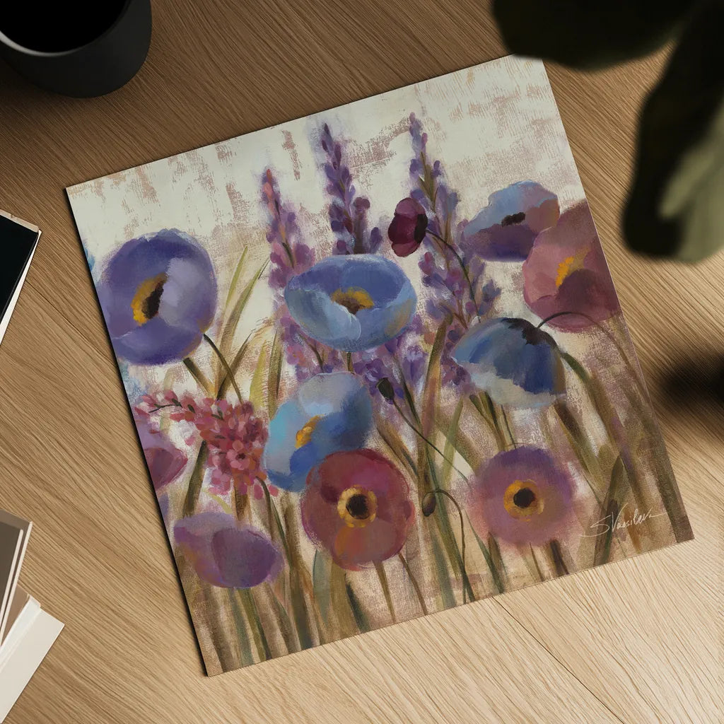 Lupines and Poppies by Silvia Vassileva. Shown as a detailed flat fine art print, highlighting archival giclee quality. Available as an archival giclee rolled canvas, fine art paper, or poster print. SKU 12417a.