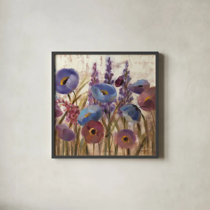 Lupines and Poppies by Silvia Vassileva. Shown in a sleek black glass frame for a contemporary gallery look. Available as an archival giclee rolled canvas, fine art paper, or poster print. SKU 12417a.