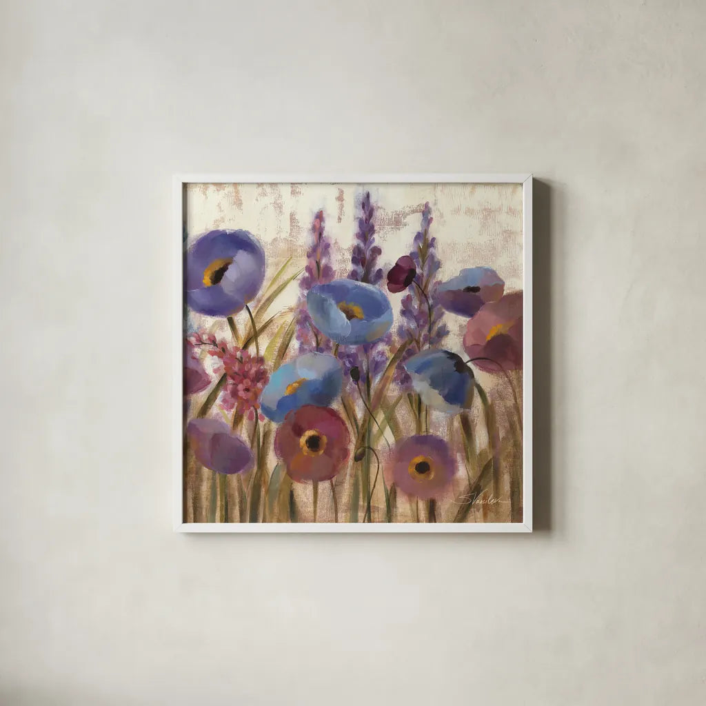 Lupines and Poppies by Silvia Vassileva. Shown in a crisp white glass frame for a clean and minimalist style. Available as an archival giclee rolled canvas, fine art paper, or poster print. SKU 12417a.