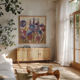 Lupines and Poppies by Silvia Vassileva. Shown in a natural wood frame in a cozy modern living room. Available as an archival giclee rolled canvas, fine art paper, or poster print. SKU 12417a.