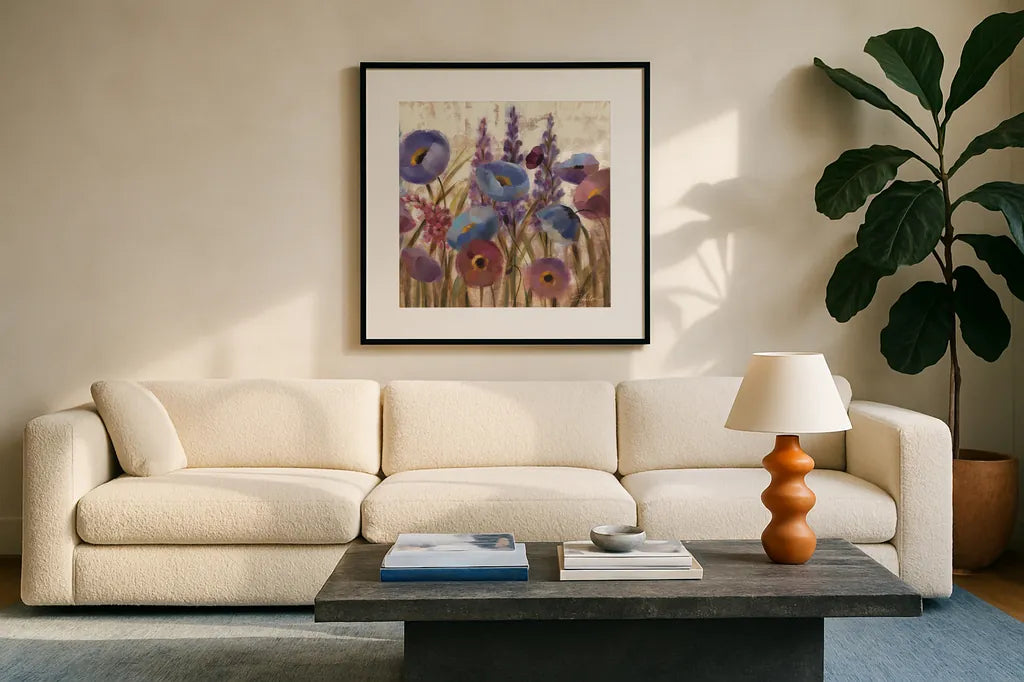 Lupines and Poppies by Silvia Vassileva. Displayed in a glass frame with matte in a clean modern living room. Available as an archival giclee rolled canvas, fine art paper, or poster print. SKU 12417a.