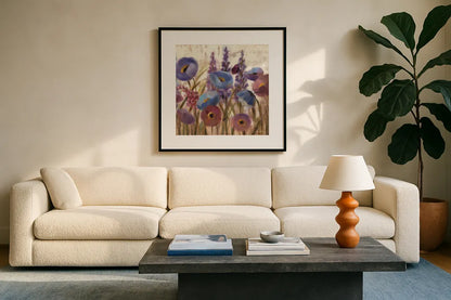 Lupines and Poppies by Silvia Vassileva. Displayed in a glass frame with matte in a clean modern living room. Available as an archival giclee rolled canvas, fine art paper, or poster print. SKU 12417a.