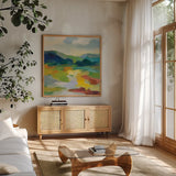 Lush Green II by Silvia Vassileva. Shown in a natural wood frame in a cozy modern living room. Available as an archival giclee rolled canvas, fine art paper, or poster print. SKU 79154a.