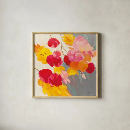 Magenta Bloom II by Silvia Vassileva. Shown in a natural wood glass frame for a timeless modern aesthetic. Available as an archival giclee rolled canvas, fine art paper, or poster print. SKU 83090a.
