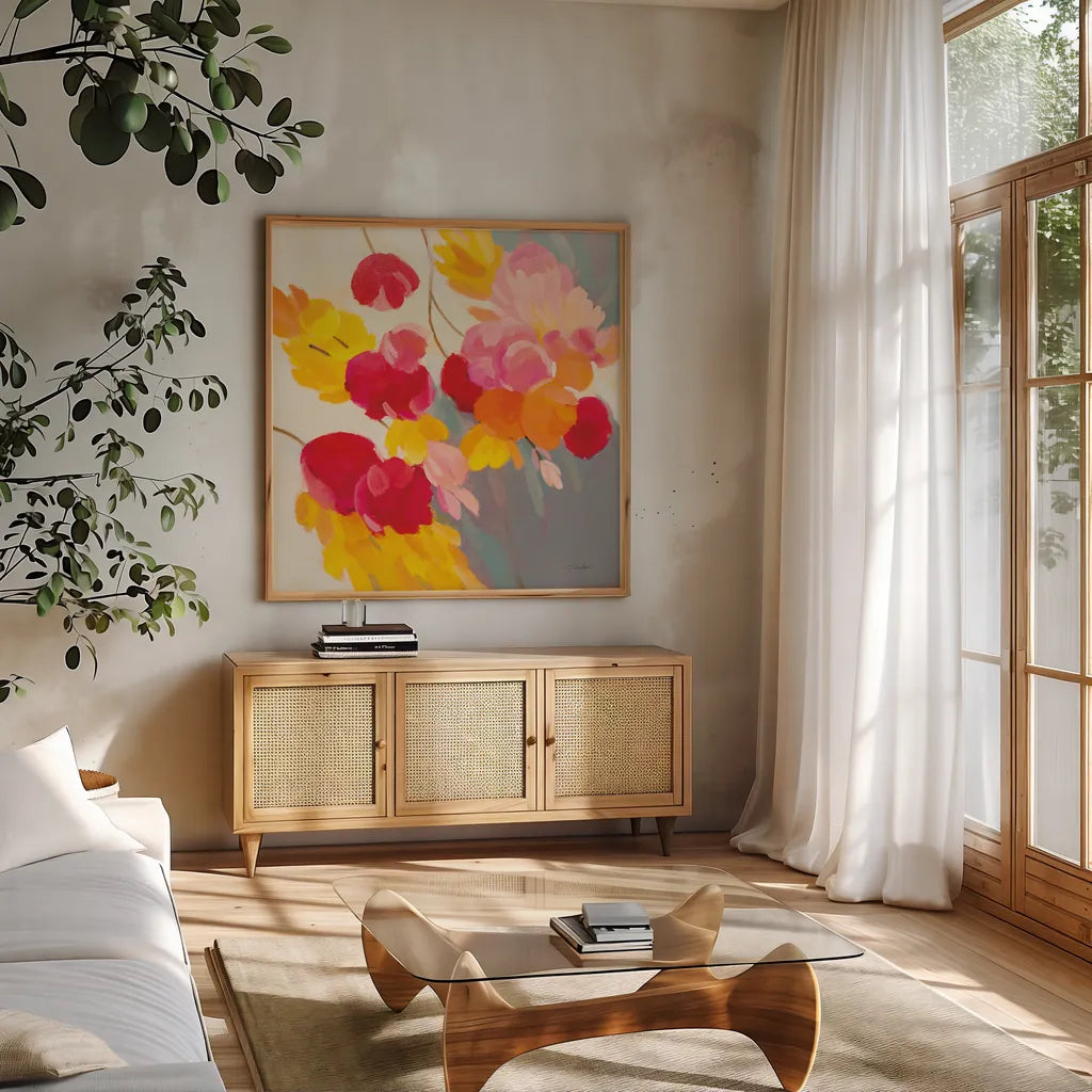 Magenta Bloom II by Silvia Vassileva. Shown in a natural wood frame in a cozy modern living room. Available as an archival giclee rolled canvas, fine art paper, or poster print. SKU 83090a.