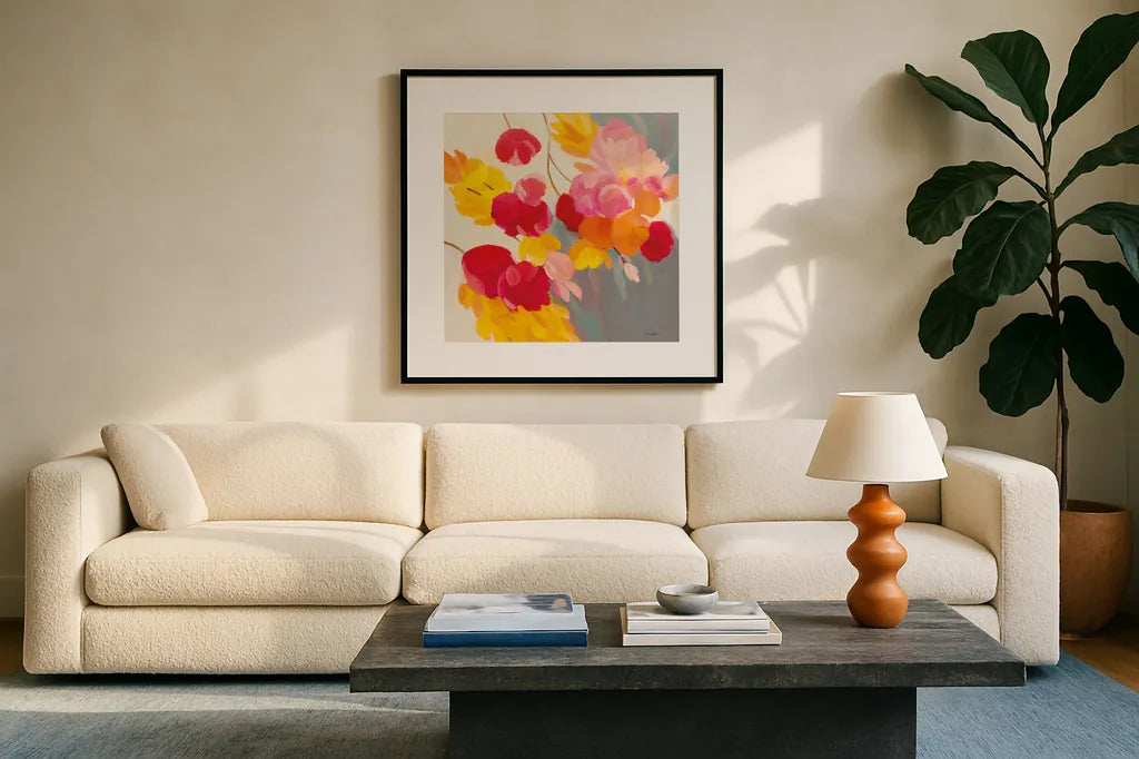 Magenta Bloom II by Silvia Vassileva. Displayed in a glass frame with matte in a clean modern living room. Available as an archival giclee rolled canvas, fine art paper, or poster print. SKU 83090a.