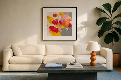 Magenta Bloom II by Silvia Vassileva. Displayed in a glass frame with matte in a clean modern living room. Available as an archival giclee rolled canvas, fine art paper, or poster print. SKU 83090a.