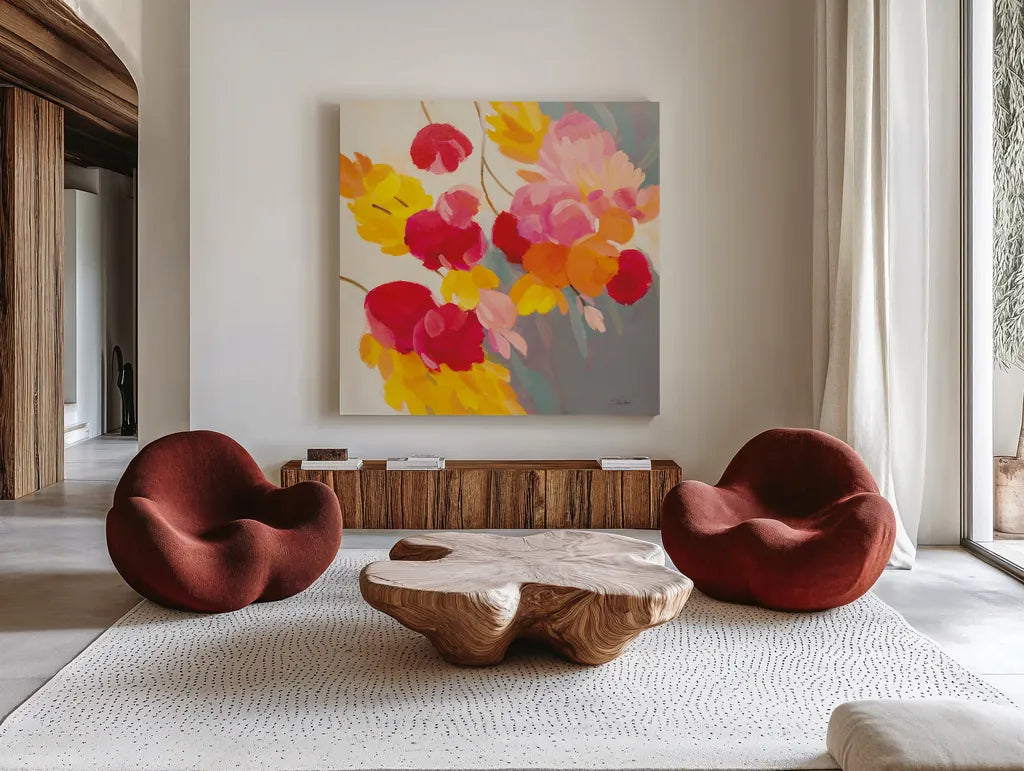 Magenta Bloom II by Silvia Vassileva. Shown as extra-large giant wall art in a modern living room. Available as an archival giclee rolled canvas, fine art paper, or poster print. SKU 83090a.