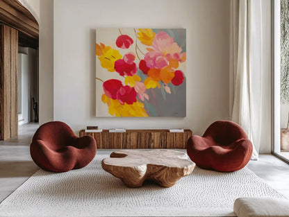 Magenta Bloom II by Silvia Vassileva. Shown as extra-large giant wall art in a modern living room. Available as an archival giclee rolled canvas, fine art paper, or poster print. SKU 83090a.