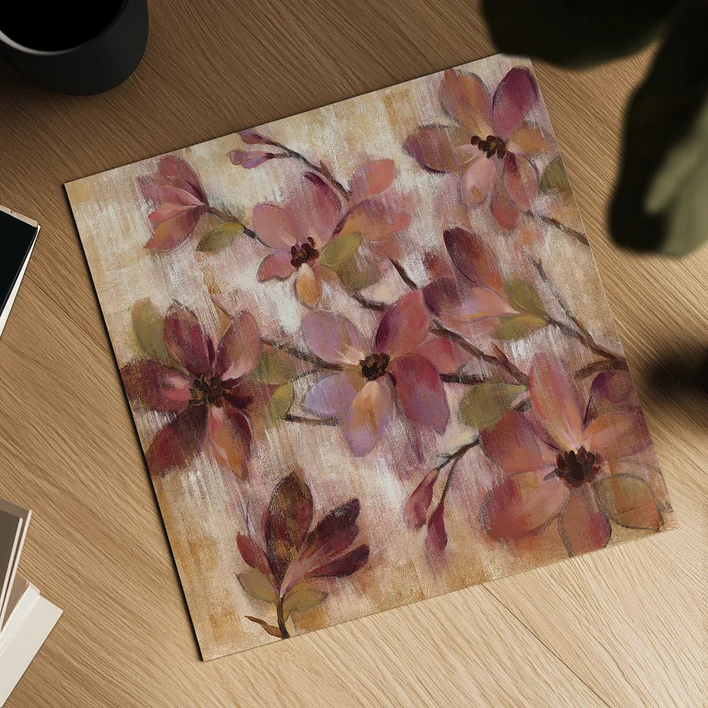 Magenta Branch I by Silvia Vassileva. Shown as a detailed flat fine art print, highlighting archival giclee quality. Available as an archival giclee rolled canvas, fine art paper, or poster print. SKU 10549a.