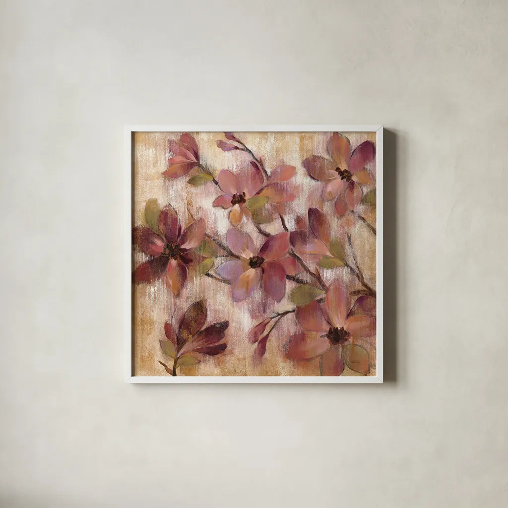 Magenta Branch I by Silvia Vassileva. Shown in a crisp white glass frame for a clean and minimalist style. Available as an archival giclee rolled canvas, fine art paper, or poster print. SKU 10549a.