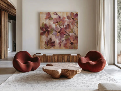 Magenta Branch I by Silvia Vassileva. Shown as extra-large giant wall art in a modern living room. Available as an archival giclee rolled canvas, fine art paper, or poster print. SKU 10549a.
