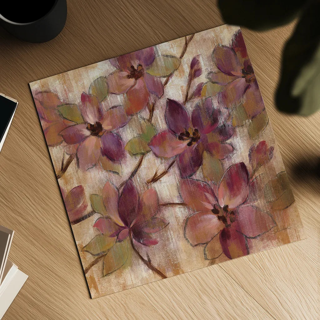 Magenta Branch II by Silvia Vassileva. Shown as a detailed flat fine art print, highlighting archival giclee quality. Available as an archival giclee rolled canvas, fine art paper, or poster print. SKU 10550a.