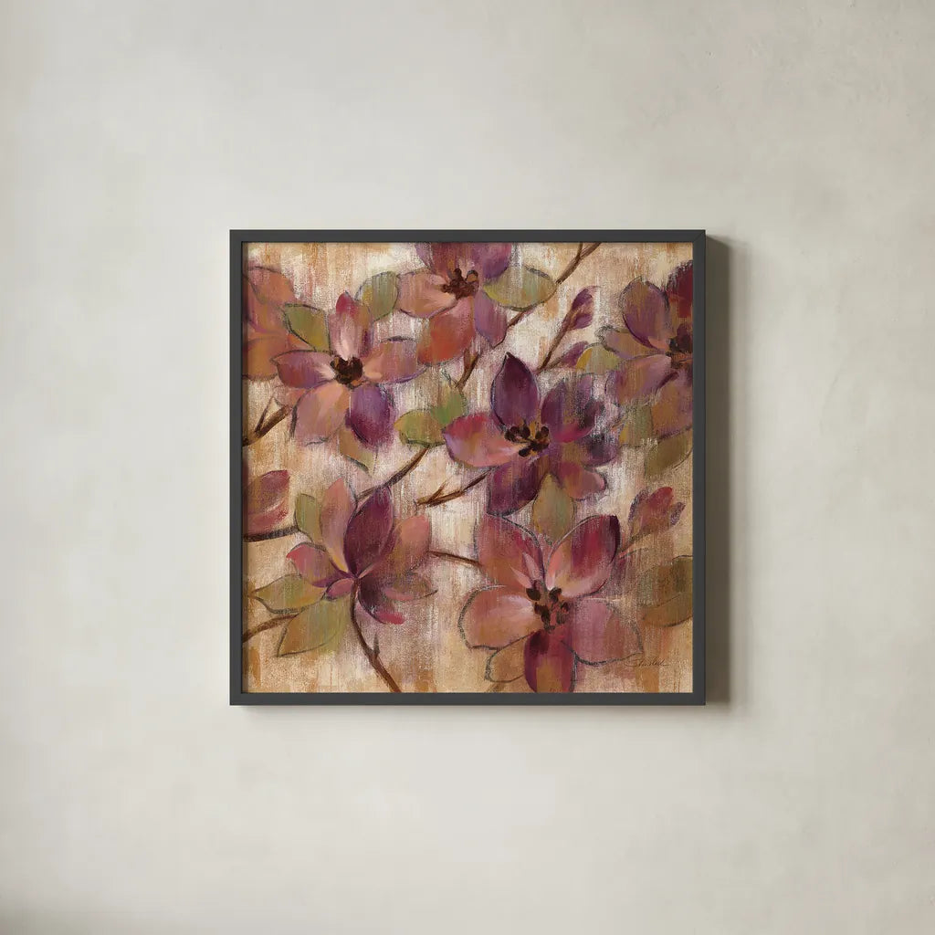 Magenta Branch II by Silvia Vassileva. Shown in a sleek black glass frame for a contemporary gallery look. Available as an archival giclee rolled canvas, fine art paper, or poster print. SKU 10550a.