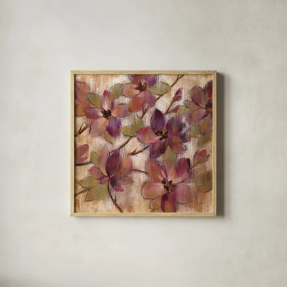 Magenta Branch II by Silvia Vassileva. Shown in a natural wood glass frame for a timeless modern aesthetic. Available as an archival giclee rolled canvas, fine art paper, or poster print. SKU 10550a.