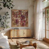 Magenta Branch II by Silvia Vassileva. Shown in a natural wood frame in a cozy modern living room. Available as an archival giclee rolled canvas, fine art paper, or poster print. SKU 10550a.
