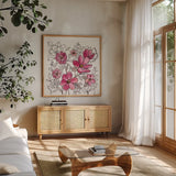 Magenta Flower Lace II by Silvia Vassileva. Shown in a natural wood frame in a cozy modern living room. Available as an archival giclee rolled canvas, fine art paper, or poster print. SKU 63908a.