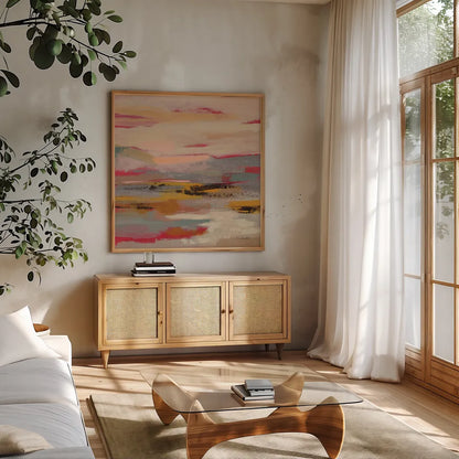 Magenta Hill I by Silvia Vassileva. Shown in a natural wood frame in a cozy modern living room. Available as an archival giclee rolled canvas, fine art paper, or poster print. SKU 83506a.