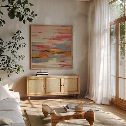 Magenta Hill II by Silvia Vassileva. Shown in a natural wood frame in a cozy modern living room. Available as an archival giclee rolled canvas, fine art paper, or poster print. SKU 83507a.
