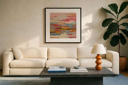 Magenta Hill II by Silvia Vassileva. Displayed in a glass frame with matte in a clean modern living room. Available as an archival giclee rolled canvas, fine art paper, or poster print. SKU 83507a.