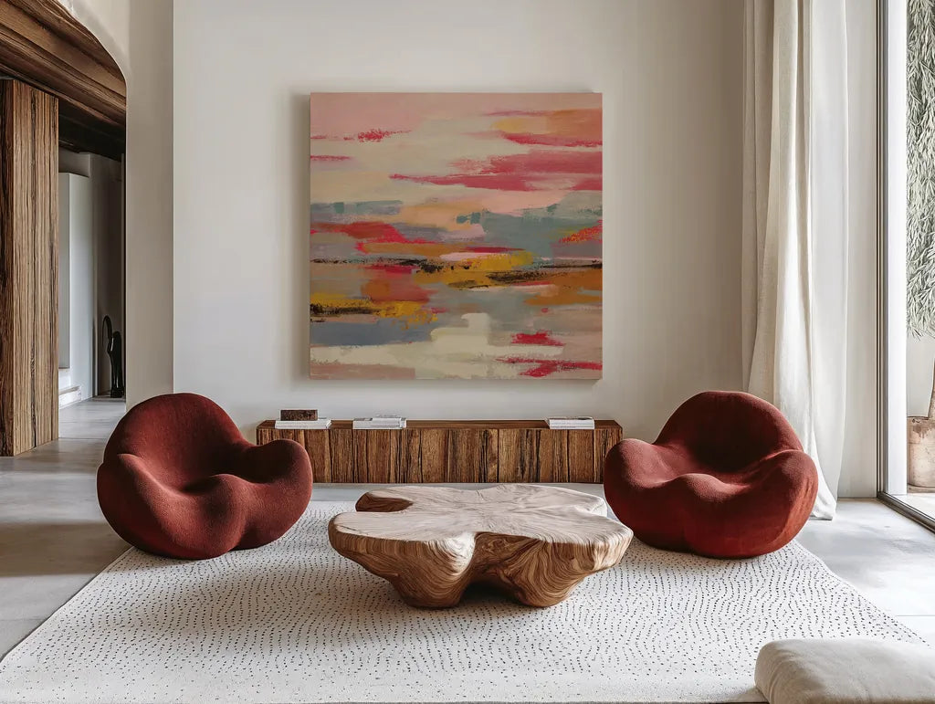 Magenta Hill II by Silvia Vassileva. Shown as extra-large giant wall art in a modern living room. Available as an archival giclee rolled canvas, fine art paper, or poster print. SKU 83507a.