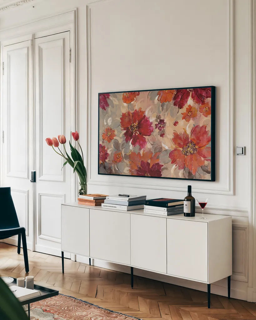 Magenta and Coral Floral by Silvia Vassileva. shown as a framed stretched canvas in a living room above a console. Available as a archival giclee rolled canvas, fine art paper, or poster print. SKU 29747i.