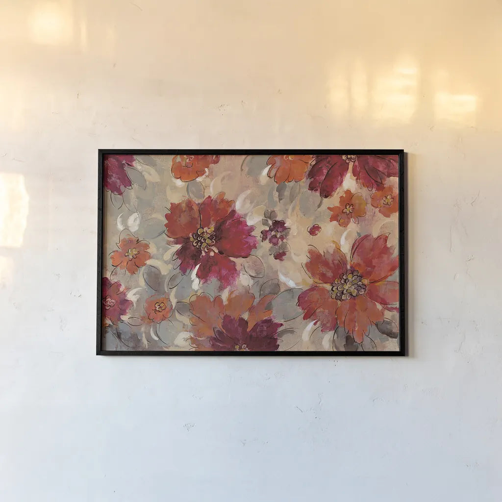 Magenta and Coral Floral by Silvia Vassileva. shown as a paper print in a black flame. Available as a archival giclee rolled canvas, fine art paper, or poster print. SKU 29747i.