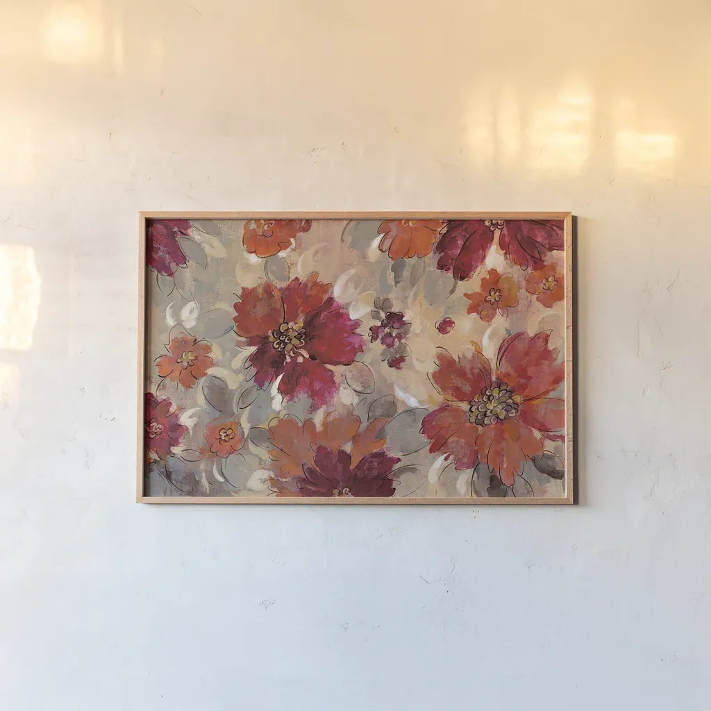 Magenta and Coral Floral by Silvia Vassileva. shown as a paper print in a natural frame. Available as a archival giclee rolled canvas, fine art paper, or poster print. SKU 29747i.