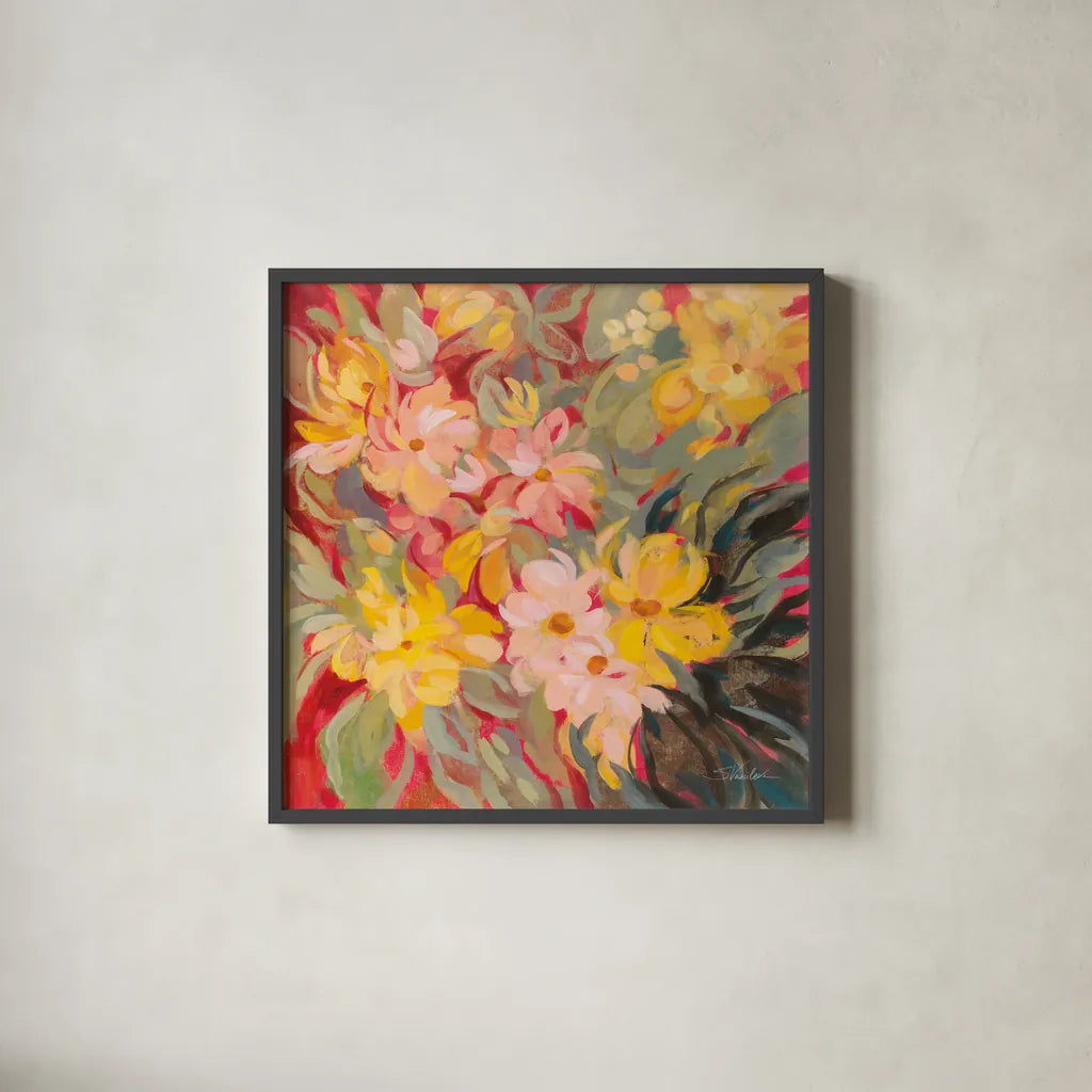 Magenta and Sage Floral by Silvia Vassileva. Shown in a sleek black glass frame for a contemporary gallery look. Available as an archival giclee rolled canvas, fine art paper, or poster print. SKU 83503a.
