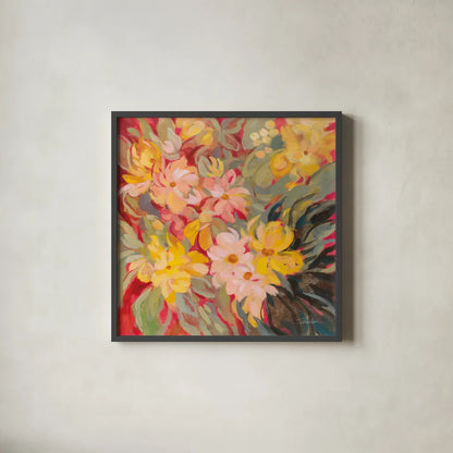 Magenta and Sage Floral by Silvia Vassileva. Shown in a sleek black glass frame for a contemporary gallery look. Available as an archival giclee rolled canvas, fine art paper, or poster print. SKU 83503a.