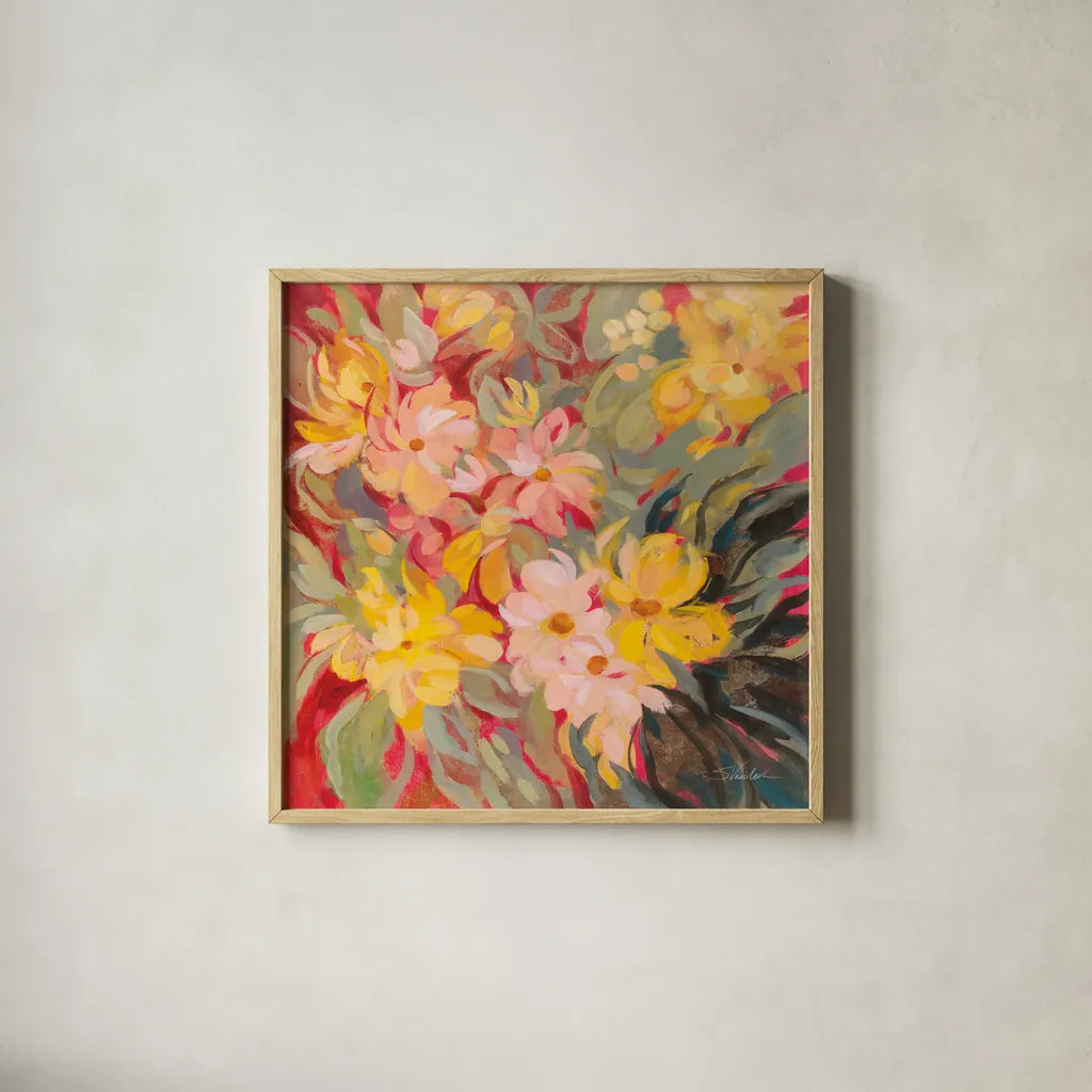 Magenta and Sage Floral by Silvia Vassileva. Shown in a natural wood glass frame for a timeless modern aesthetic. Available as an archival giclee rolled canvas, fine art paper, or poster print. SKU 83503a.