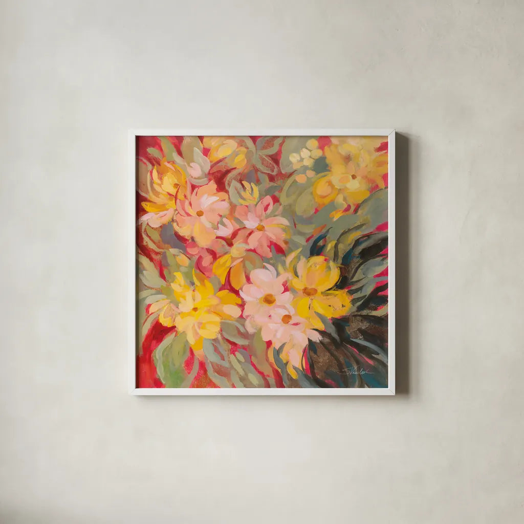 Magenta and Sage Floral by Silvia Vassileva. Shown in a crisp white glass frame for a clean and minimalist style. Available as an archival giclee rolled canvas, fine art paper, or poster print. SKU 83503a.