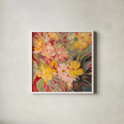 Magenta and Sage Floral by Silvia Vassileva. Shown in a crisp white glass frame for a clean and minimalist style. Available as an archival giclee rolled canvas, fine art paper, or poster print. SKU 83503a.