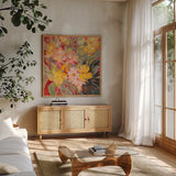 Magenta and Sage Floral by Silvia Vassileva. Shown in a natural wood frame in a cozy modern living room. Available as an archival giclee rolled canvas, fine art paper, or poster print. SKU 83503a.