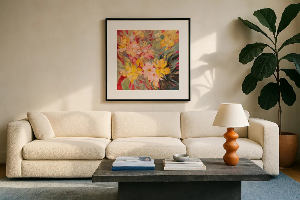 Magenta and Sage Floral by Silvia Vassileva. Displayed in a glass frame with matte in a clean modern living room. Available as an archival giclee rolled canvas, fine art paper, or poster print. SKU 83503a.