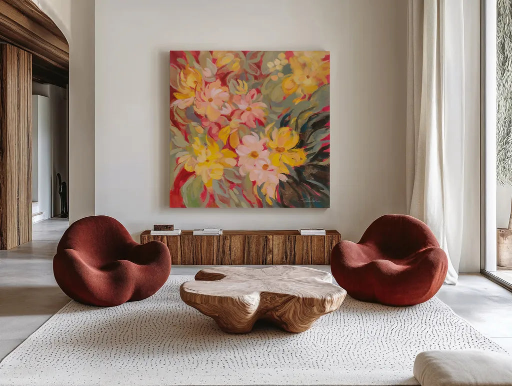 Magenta and Sage Floral by Silvia Vassileva. Shown as extra-large giant wall art in a modern living room. Available as an archival giclee rolled canvas, fine art paper, or poster print. SKU 83503a.
