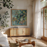 Magic Lily Pond by Silvia Vassileva. Shown in a natural wood frame in a cozy modern living room. Available as an archival giclee rolled canvas, fine art paper, or poster print. SKU 54372a.