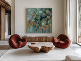 Magic Lily Pond by Silvia Vassileva. Shown as extra-large giant wall art in a modern living room. Available as an archival giclee rolled canvas, fine art paper, or poster print. SKU 54372a.