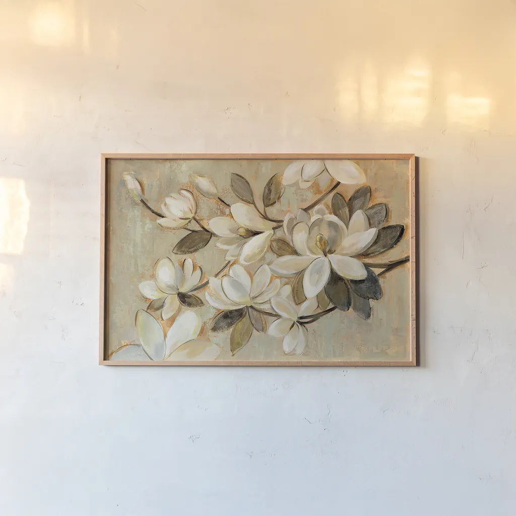 Magnolia Simplicity by Silvia Vassileva. shown as a paper print in a natural frame. Available as a archival giclee rolled canvas, fine art paper, or poster print. SKU 30159i.