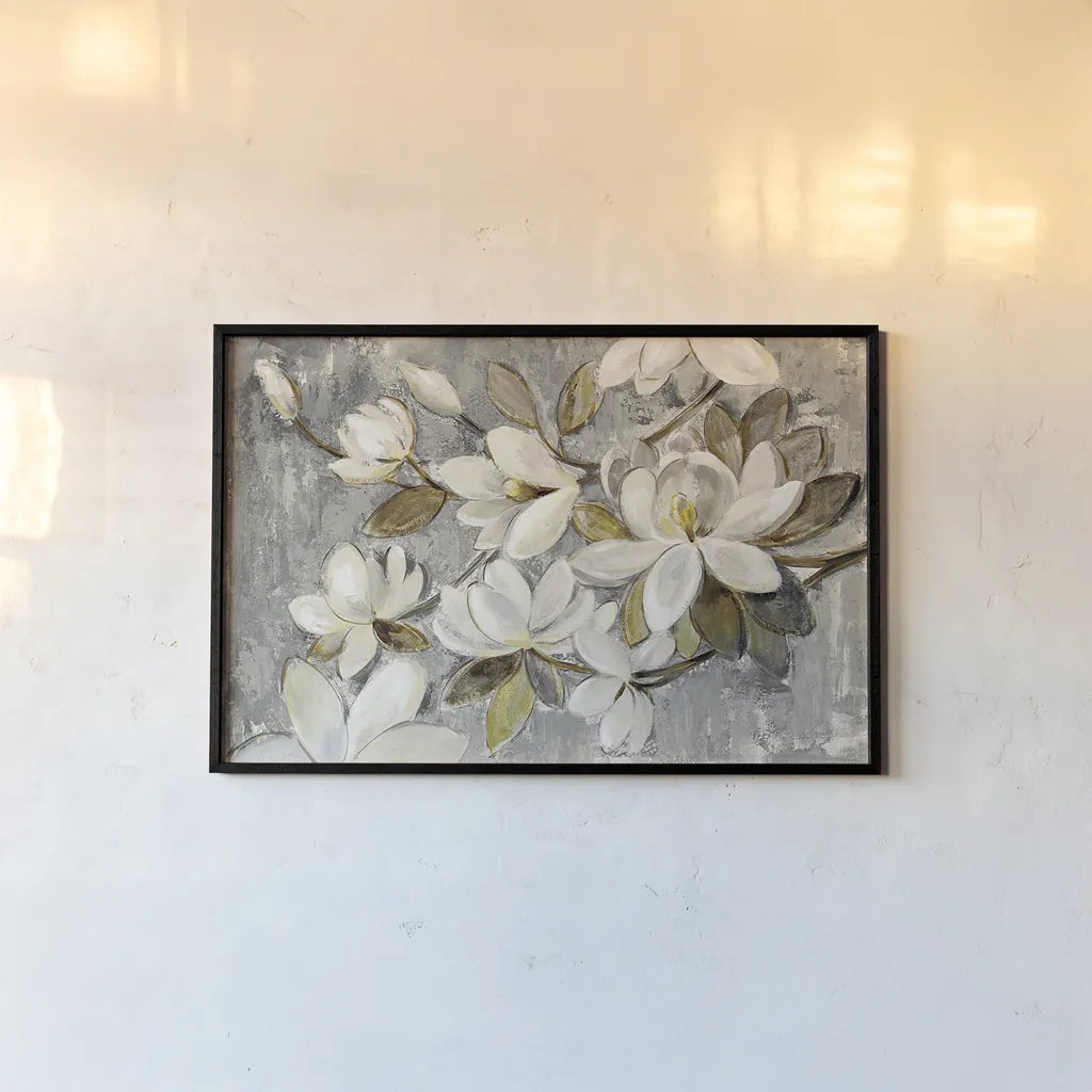 Magnolia Simplicity Neutral Gray by Silvia Vassileva. shown as a paper print in a black flame. Available as a archival giclee rolled canvas, fine art paper, or poster print. SKU 30331i.