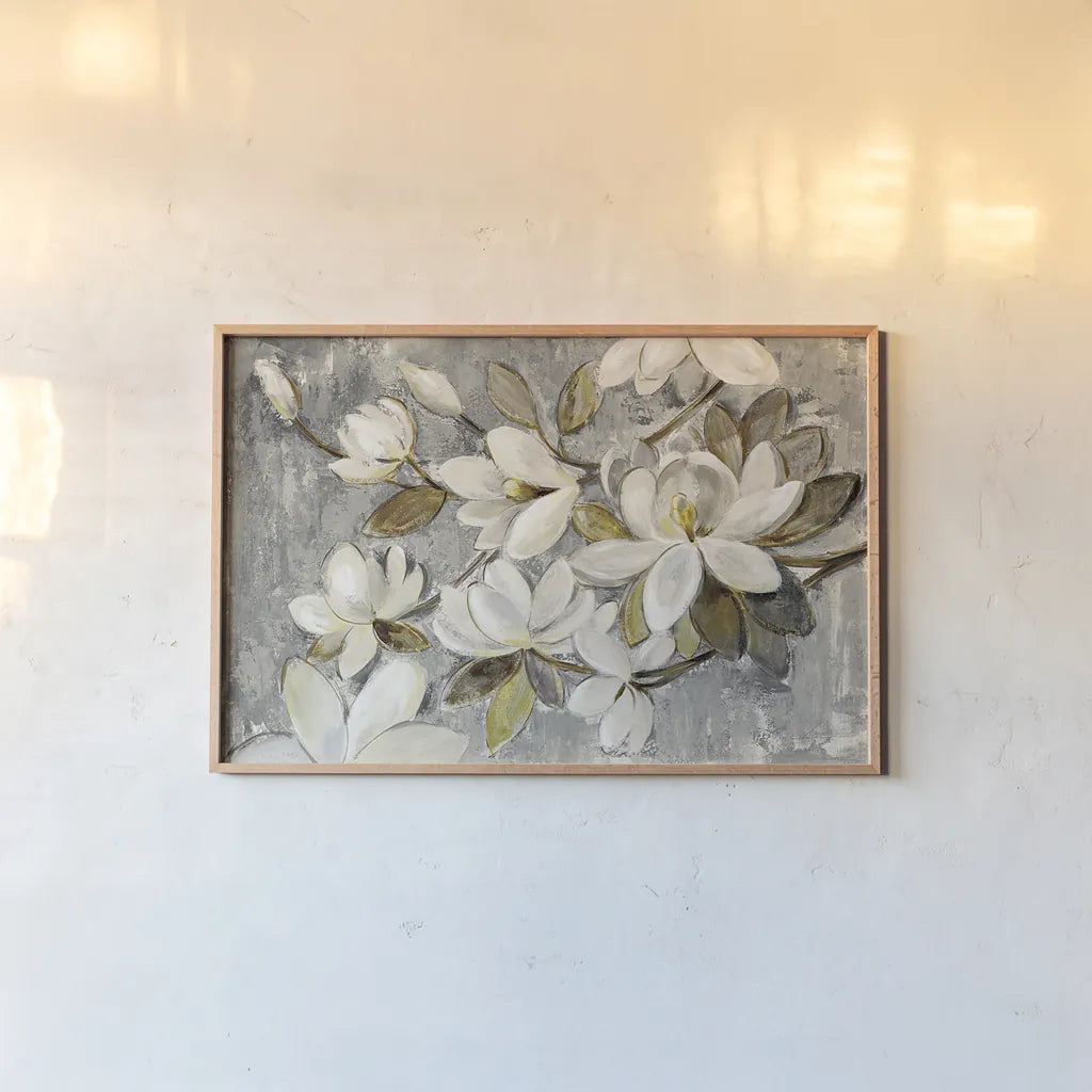 Magnolia Simplicity Neutral Gray by Silvia Vassileva. shown as a paper print in a natural frame. Available as a archival giclee rolled canvas, fine art paper, or poster print. SKU 30331i.